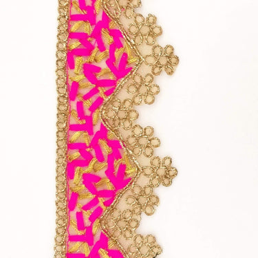 Gold Sheer Tissue Fabric Cutwork Trim with Embroidery in Gold and Fuchsia Pink, Scallop Trim, Fringe Trim